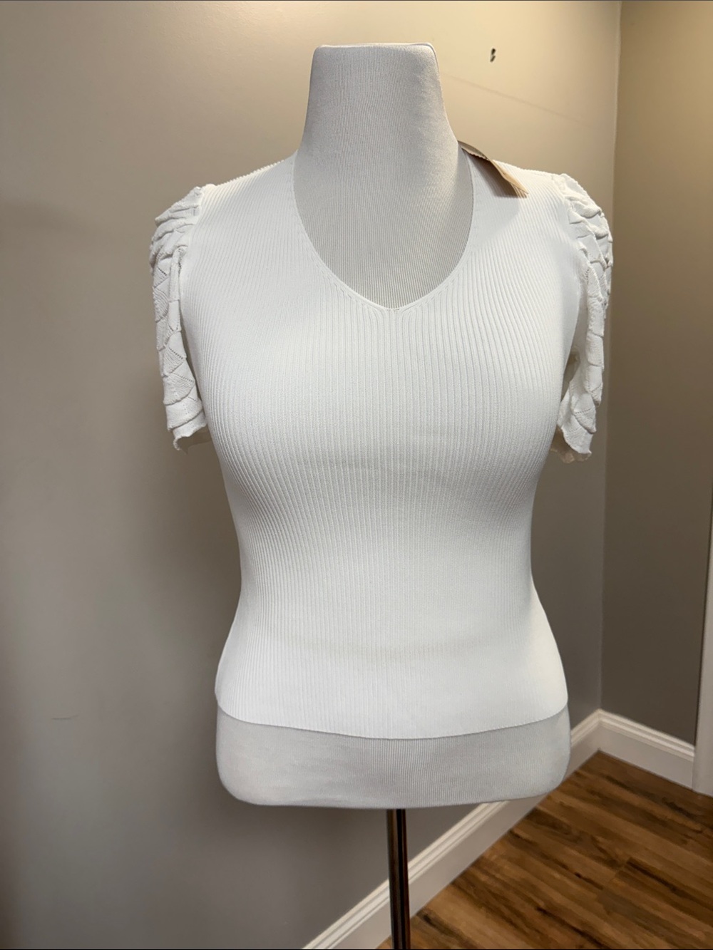 Women's White Ribbed V-Neck Tank with Braided Cap Sleeves